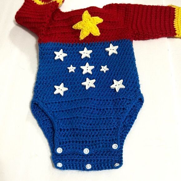 Baby Crochet Knitted Wonder Woman Sweater Onesie Costume Size 3 to 6 months - Picture 10 of 12